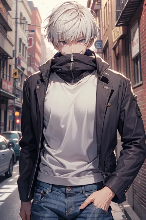 (absurdres, highres, ultra detailed, HDR), masterpiece, best quality, 1man, solo, handsome, short hair, inumaki toge, facial tattoo, white hair, black jacket, jeans, closed mouth, swirl, vortex