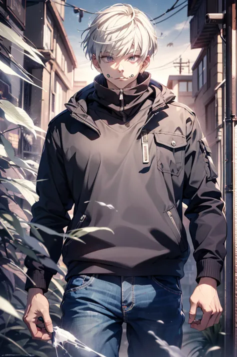 (absurdres, highres, ultra detailed, HDR), masterpiece, best quality, 1man, solo, handsome, short hair, inumaki toge, facial tattoo, white hair, black jacket, jeans, closed mouth, swirl, vortex