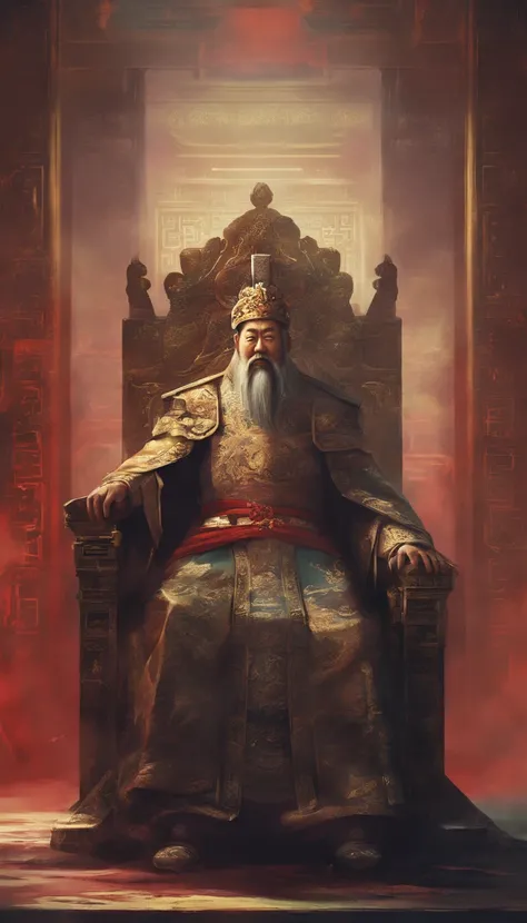 An old Chinese king sits on a chair in the palace