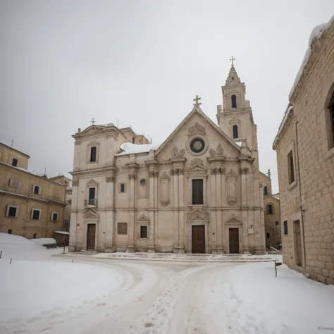 Church in Matera, snow on the roofs of the Cathedral, in Sassi di Matera ((Top quality, 8k, masterpiece: 1.4)), clouds, snow falling, close view