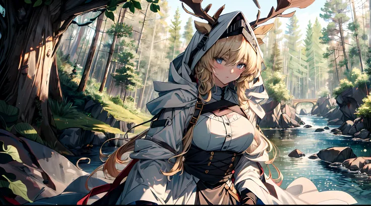 (((Masterpiece))),(incredibly_absurderes),(Best quality),(A high resolution),(Highly detailed),((CG unity 8k wallpaper)), ((Best quality)), 8K, high detal, Ultra-detailed, Detailed and intricate, 1girll, blond hairbl, shirt, River, forest, vivd colour,