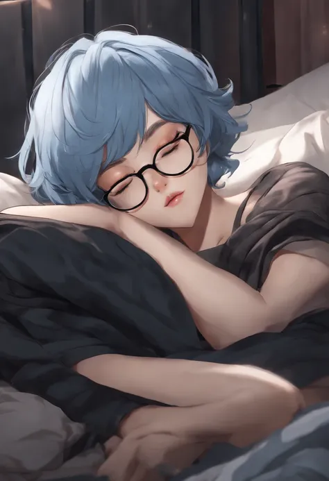 a character girl in anime style with short, neck-length blue hair, round glasses and a black rock shirt. big breasts and big ass, his penis is covered by a black blanket. She is sleeping lying on a bed.