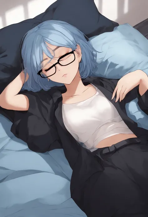 a character girl in anime style with short, neck-length blue hair, round glasses and a black rock shirt. big breasts and big ass, his penis is covered by a black blanket. She is sleeping lying on a bed.