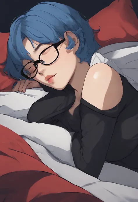 a character girl in anime style with short, neck-length blue hair, round glasses and a black rock shirt. big breasts and big ass, his penis is covered by a black blanket. She is sleeping lying on a bed.