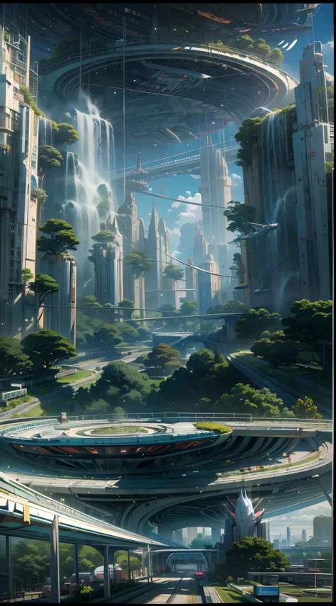 Ultra photo realsisim，Hyper-detailing，Ultra-wide-angle picture，24th century，sci fi city，and the sun was shining brightly，jungles，The fusion of the future technology city and nature，Architectural geometry，Suspended circular aircraft，Roads that lead in all d...