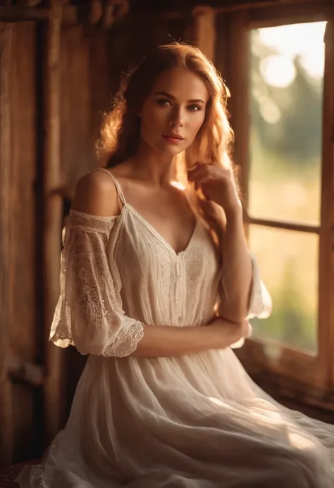 nordic young woman, cute face, seductive, best quality, masterpiece, translucent summer dress, golden hour, detailed textures, long braded hair, sitting on bed, posing, casual pose, wooden cottage, interior, [blush], aesthetic, intricate, caustics, light r...