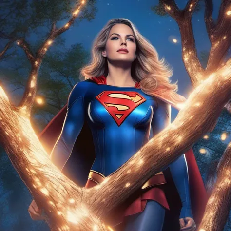 Supergirl Ciborgue da DC, covered with tree branches, bright blue white glowing heart, visible from human, noite, colorido, photography hyper-detailed cinematic hdr lighting, softbox lighting, Detalhe extremo