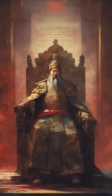 An old Chinese king sits on a chair in the palace