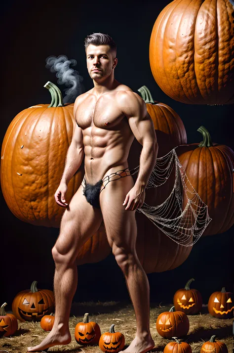 An award winning photography portrait of a halloween male,  blood hair, web, surreal decorated skin, masculine, pumpkins in the background, castle, full body in motion,  defined body,  full body,  stunning realistic,  mist, raw photograph,  defined body,ma...