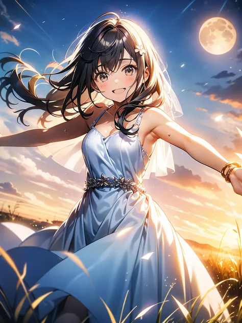 in 8K、top-quality、​masterpiece、ultra-detailliert、Ultra-high resolution、Anime style、1人の女性、weddingdress、Pampas grass steppe、fullmoon、dance、spreading arms widely