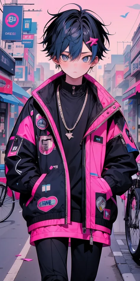 1 boy, (blue) hair, pink black jacket, riding a bike o street