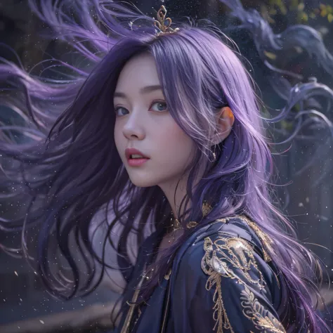 Genki Girl 32K（tmasterpiece，k hd，hyper HD，32K）Long flowing bright purple hair，Autumn Pond，zydink， a color， Asian people （Genki girl）， （Silk scarf）， Combat posture， looking at the ground， long whitr hair， Floating bright purple， Fire cloud pattern gold tiar...