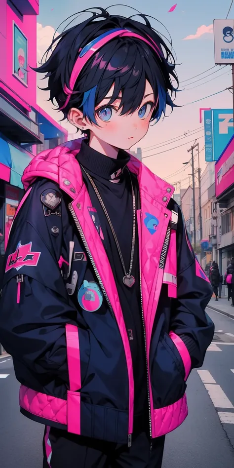 1 boy, (blue) hair, pink black jacket, riding a bike o street