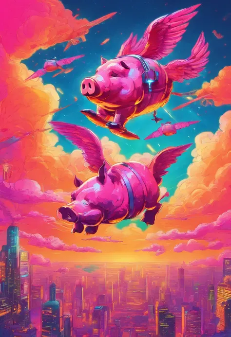 A pig flies in the sky,pigs ,​​clouds,Brilliant colors,Colorful,Wings,Young and energetic,Flying ham,Flying pigs ,Master composition, Masterpiece, super, High quality, Award-Awarded, Best quality, A high resolution, 8K