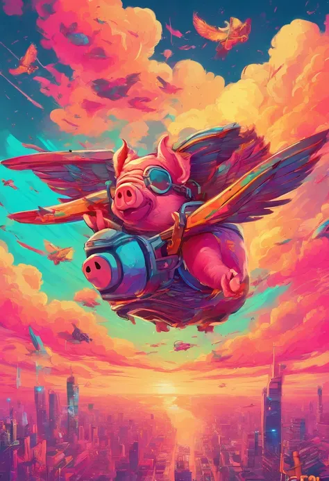 A pig flies in the sky,pigs ,​​clouds,Brilliant colors,Colorful,Wings,Young and energetic,Flying ham,Flying pigs ,Master composition, Masterpiece, super, High quality, Award-Awarded, Best quality, A high resolution, 8K