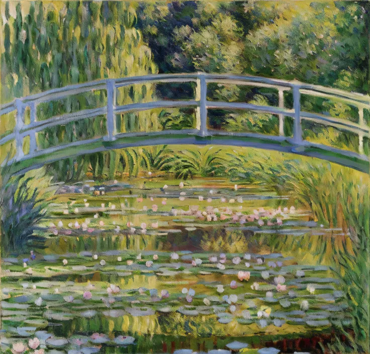 a painting of a bridge over a pond of water lilies, by Claude Monet, by claude monet, monet painting, claude monet), by Monet, waterlily pond, monet painted, by Blanche Hoschedé Monet, charles monet, style of monet, monet style, style of claude monet, mone...