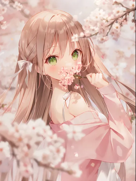 anime girl with long hair and green eyes holding a flower, sakura petals around her, anime visual of a cute girl, cute anime girl, beautiful anime girl, beautiful anime, pretty anime girl, soft anime illustration, beautiful anime portrait, anime wallaper, ...