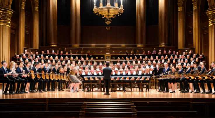 symphonic music band for children, boys and girls, beautiful faces, realistic, photo, show me the wind instruments, on the stage of the vienna opera during a concert, show lights,