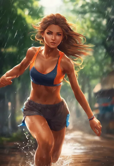 Hot tanned anime girls, running, sweating a lot, wet body, wet face