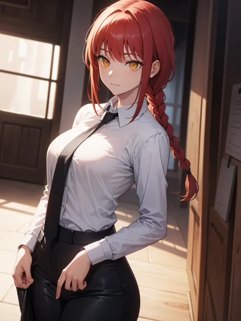 makima, makima, long hair, smile, closed mouth bangs, medium breasts, (yellow eyes:1.2), braid, red hair, braided ponytail, ringed eyes, BREAK shirt, long sleeves, jacket, white shirt, necktie, collared shirt, pants, black jacket, black blazer, black pants...