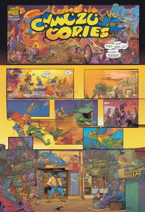 American comics, The comic story is presented in multiple irregular colored panels. Jojos bizarre adventure，SpongeBob SquarePants fights with Pie Big Star with a stand-in，deep in the night，Rich special effects. The style is exaggerated and meticulous