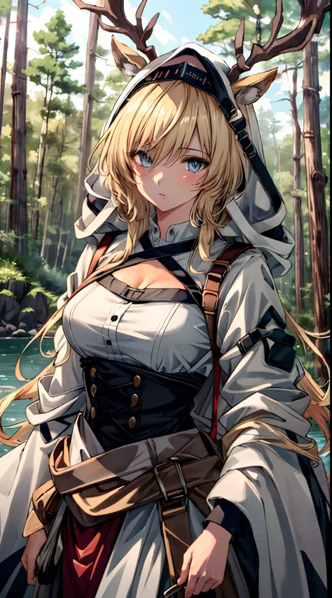 (((Masterpiece))),(incredibly_absurderes),(Best quality),(A high resolution),(Highly detailed),((CG unity 8k wallpaper)), ((Best quality)), 8K, high detal, Ultra-detailed, Detailed and intricate, 1girll, blond hairbl, shirt, River, forest, vivd colour,