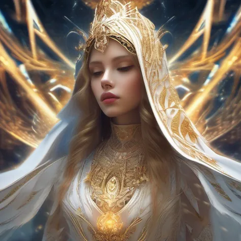 (masterpiece, top quality, best quality, official art, beautiful and aesthetic:1.2), (1girl), extreme detailed, (fractal art:1.3), colorful, highest detailed, perfect face, upper body, HDR, (praying:1.3), (white cloak golden lines:1.2), galaxy, (light stre...