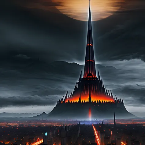 arafed tower with a clock on top of a mountain with a cloudy sky, mordor, sauron, the dark lord sauron, the eye of sauron, eye of sauron, anor londo, matte painting ”, matte painting”, minas tirith, mage tower far away, mordor as a bustling city