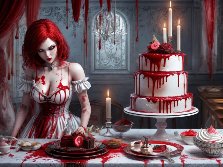 a 3D picture of extremely (beautiful female vampire: 1.4) looking at (red MasterChef style cake: 1.5), an exquisite beautiful vampire, full body, ultra feminine ultra detailed face, red hair, short hair, pale skin, red lips, blue eyes, wearing sexy white s...