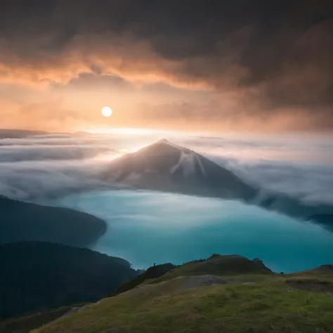 Magnificent view，Forest mountain landscape photography，Nature，It just rained，Bushes in the moonlight，Turquoise blue water，Boulders of various shapes，Alpine cliffs，1 white Phalaenopsis orchid，Minimalist cyan black and white gray tones，foggy sky，Nightmare vi...