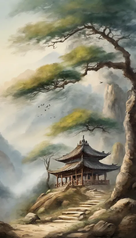 Quaint Han Dynasty style temple，（There was an ancient Chinese monk who sat and meditated（closeup cleavage）），（Meditate），zazen，age-old tree，falling leaf，（Chinese landscape painting style），（Pastel ink painting），（8k wallpaper），（light and shadow effect），renderi...