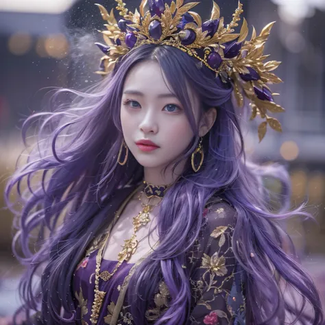 Genki Girl 32K（tmasterpiece，k hd，hyper HD，32K）Long flowing bright purple hair，Autumn Pond，zydink， a color， Asian people （Genki girl）， （Silk scarf）， Combat posture， looking at the ground， long whitr hair， Floating bright purple， Fire cloud pattern gold tiar...