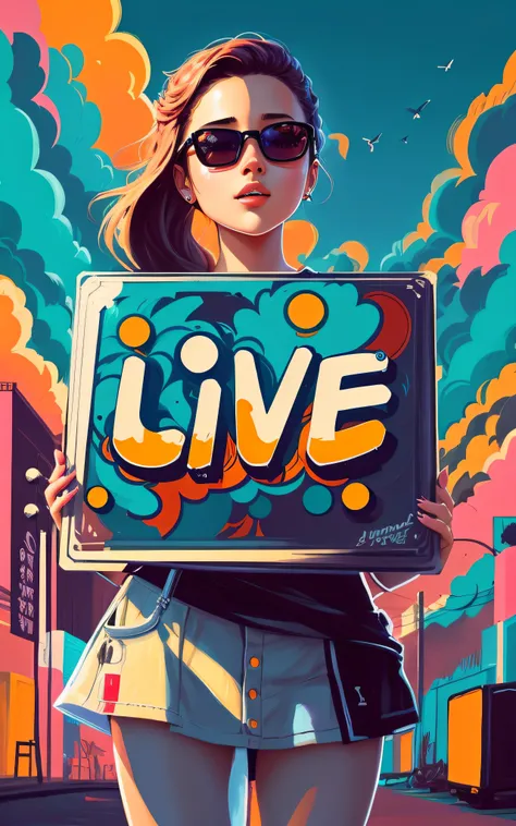 uma mulher segurando uma placa que diz viver na sua frente, livestream, Jen Bartel, concerto ao vivo, Imagens ao vivo, Live2D, Videoclipe do Festival 3HR ao vivo, live performance, in illustration style digital, arte do Adobe Illustrator, cores vivas, vive...