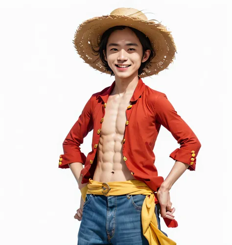 a close up of a Japanese man smiling and wearing a straw hat and a red top with golden buttons with a yellow cloth wrapped around his waist having muscular chest and abs, ultra realistic, high quality, detailed face