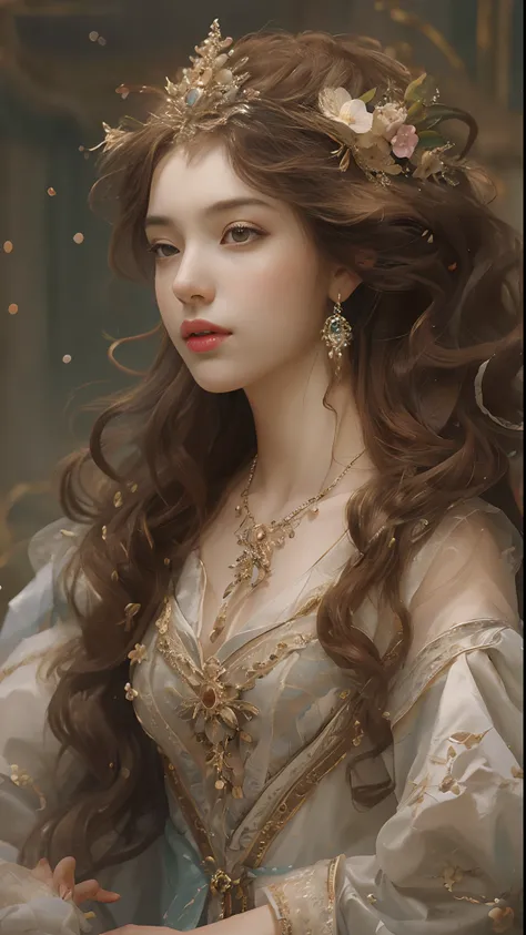 (Best quality, 4K, 8K, A high resolution, Masterpiece:1.2), Ultra-detailed, Realistic portrait of an aristocratic maiden, Exquisite facial features，Long brown curly hair details expressed, Graceful posture, Dreamy atmosphere, expressive brush strokes, myst...