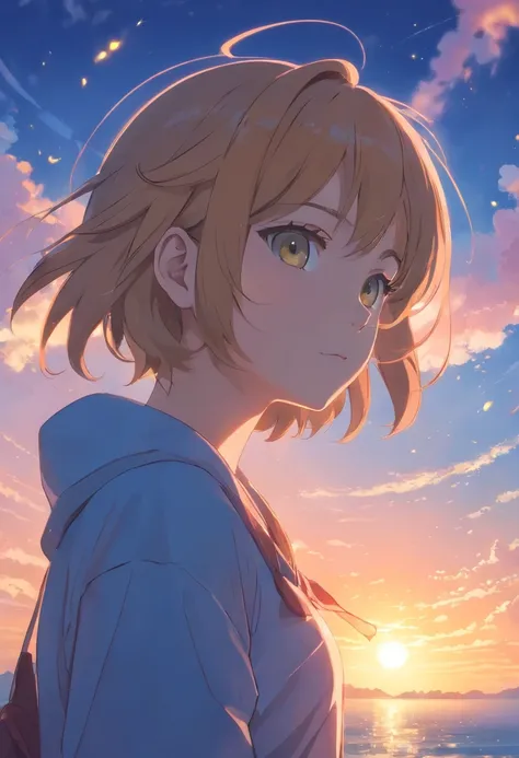 Japanese style manga，tmasterpiece，best qualtiy，cinematic Film still from，1girl，Cloud Girl，Floating in the sky，closeup cleavage，brightly，cheerfulness，Warm and soft lighting，the sunset，（spark of light：0.7）