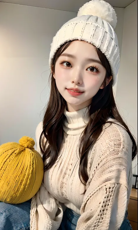 (8K、RAW Photos、Photorealsitic:1.25)、18year old、(lipgloss、Light makeup、Bomberhead、Dreadperm)、UNIQLO、Long skirt、knit、Pom pom knit hat、 The viewer looks calm and goddess-like with a sense of happiness、