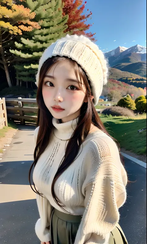 (8K、RAW Photos、Photorealsitic:1.25)、18year old、(lipgloss、Light makeup、Bomberhead、Dreadperm)、UNIQLO、Long skirt、knit、Pom pom knitted hat、plein air、Mountains of autumn leaves々