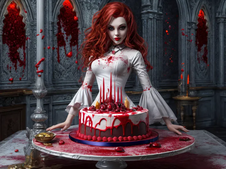 a 3D picture of extremely (beautiful female vampire: 1.4) looking at (red MasterChef style cake: 1.5), an exquisite beautiful vampire, full body, ultra feminine ultra detailed face, red hair, short hair, pale skin, red lips, blue eyes, wearing sexy white s...