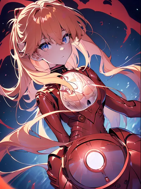 ((souryuu asuka langley, interface headset, red bodysuit:1.4, blonde)),(glowing eyes:1.233),(beautiful and detailed eyes:1.1),(expressionless,closed mouth),(standing), 1girl,solo,(masterpiece,best quality, official art,aim to viewers, beautiful and aesthet...