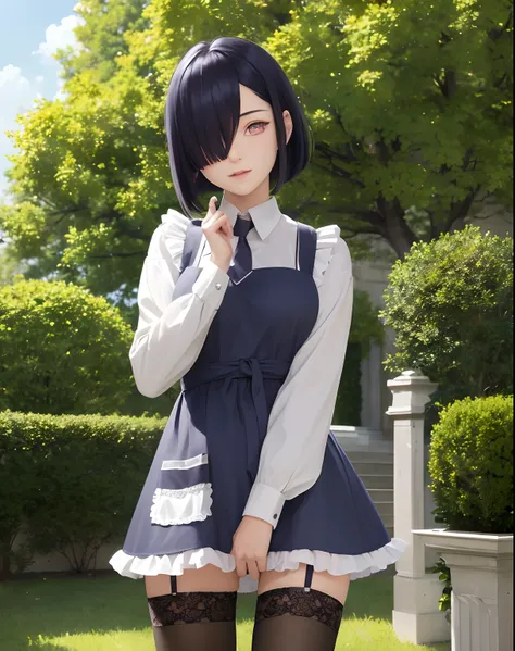 masterpiece, best quality, ultra-detailed, illustration, epic lighting, cinematic composition, colorful, sharp:1.3, 1girl, medium dark blue hair, (hair over one eye:1.3), eyes_visible_through_hair, purple eyes, roswaal_mansion_maid_uniform, apron, white th...