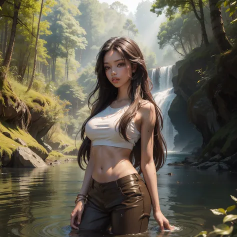 a ((22 years old)) girl, (skinny girl). hot girl, (brown skin), hot face, ((very big lips)), long hair. wearing top and pants. forest background, (water) river. extreme sunshine, hot photography