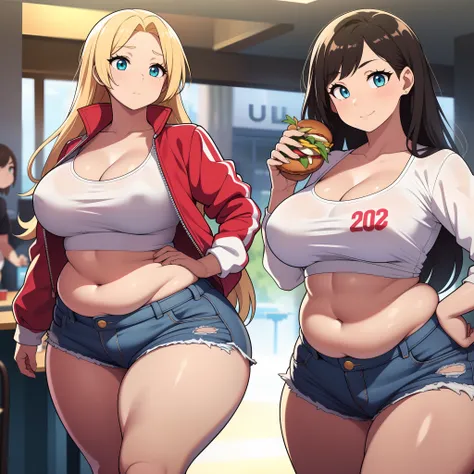 ((highres)), Masterpiece, high quality, best quality, beautiful, perfect lighting, detailed face, ultra cute face, ((2girls)), one girl has blonde hair, blue eyes, crop top and shorts skindentation, one girl has brown hair, green eyes, jeans, white shirt, ...