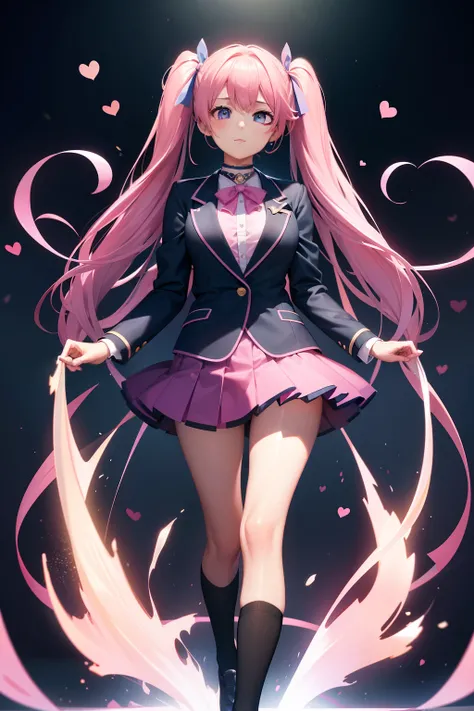 High school girl with beautiful eyes、High School Uniform、Dark blue blazer、Pink skirt、Pink ribbon、Heart-shaped choker、long hair with pink twin tails,,,,、Schools、独奏、gazing at viewer、rainbows、optic、。.。.。.。.。.3D、hight resolution、top-quality、full body Esbian、8K...