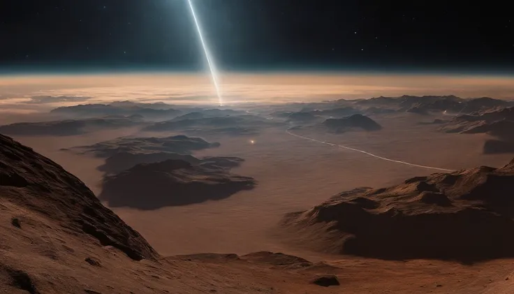 Una vista de la tierra desde el espacio, El planeta Marte se puede ver en la distancia, cometa meteorito cruza el firmamento cerca, despide materia y humo por su cola, 16K renderi hyper-realistic photography. cinematography lighting