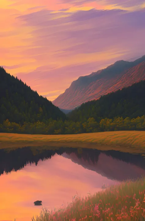 painting of a mountain lake with reflection in the water, twilight ; digital oil painting, detailed painting 4 k, detailed digital painting, 8 k resolution digital painting, 8k resolution digital painting, sunset in a valley, painted landscape, twilight ; ...