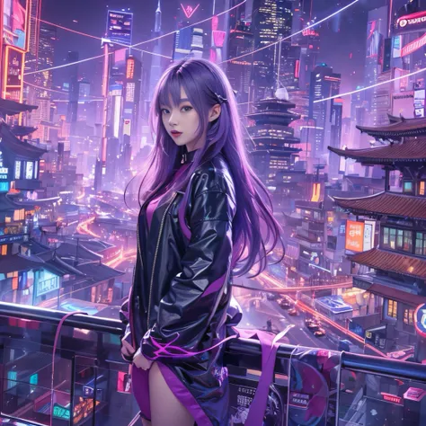 Future City 32K（tmasterpiece，k hd，hyper HD，32K）Long flowing bright purple hair，Backstreets，zydink， a color， Asian people （Genki girl）