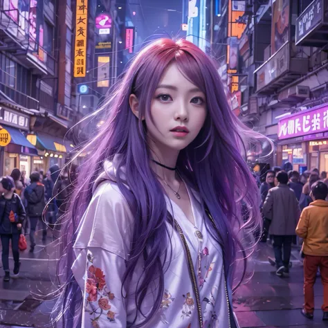 Future City 32K（tmasterpiece，k hd，hyper HD，32K）Long flowing bright purple hair，Backstreets，zydink， a color， Asian people （Genki girl）