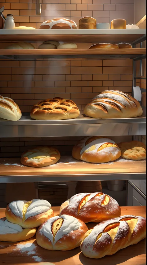 Step into a rustic bakery where a dedicated baker is at work, pouring passion and expertise into crafting a batch of artisanal bread. The scene is bathed in warm, golden light streaming through vintage windows, highlighting the flour-dusted wooden countert...