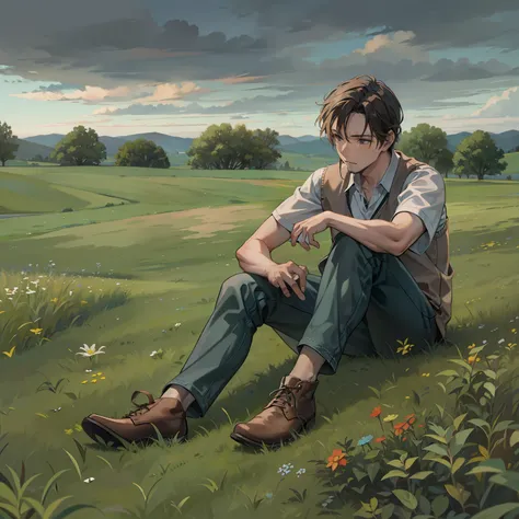 A man puts his foot on the grass and looks at the distant sky